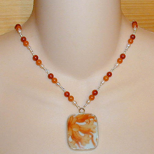 Ming Pottery Shard Necklace w/ Carnelian & Pearl